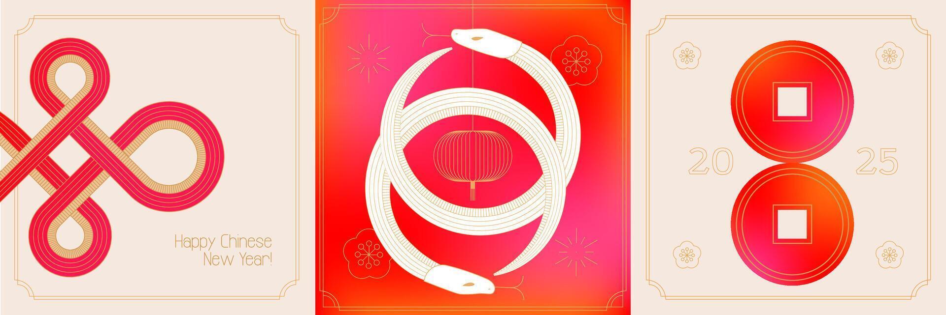 Set of Chinese new year 2025 square banners. Geometric minimal linear art. Red traditional Chinese designs with snakes, lanterns, coins, decorations. Lunar new year concept, modern vector