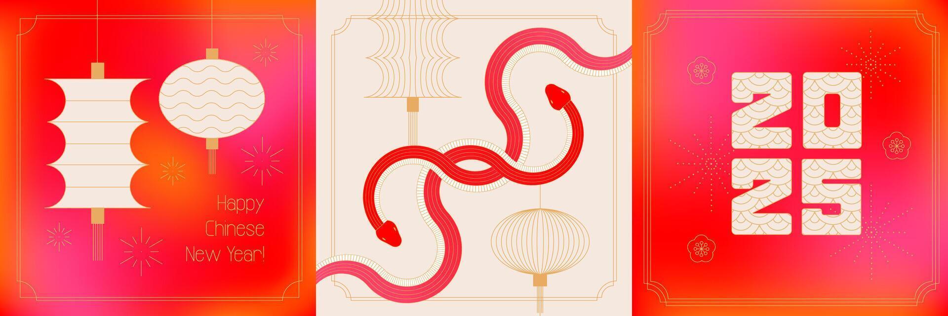 Set of Chinese New Year 2025 modern square designs in red, gold colors for cover, card, poster, banner with trendy geometric elements - geometric linear intertwined snakes and lanterns. vector