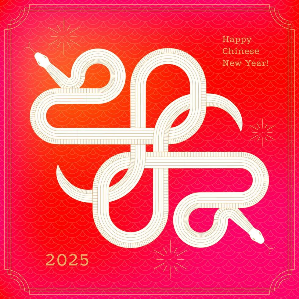 Chinese new year 2025 greeting card template. Geometric intertwined Snakes. Red traditional Chinese designs with linear decor. Lunar new year concept, geometric modern design vector