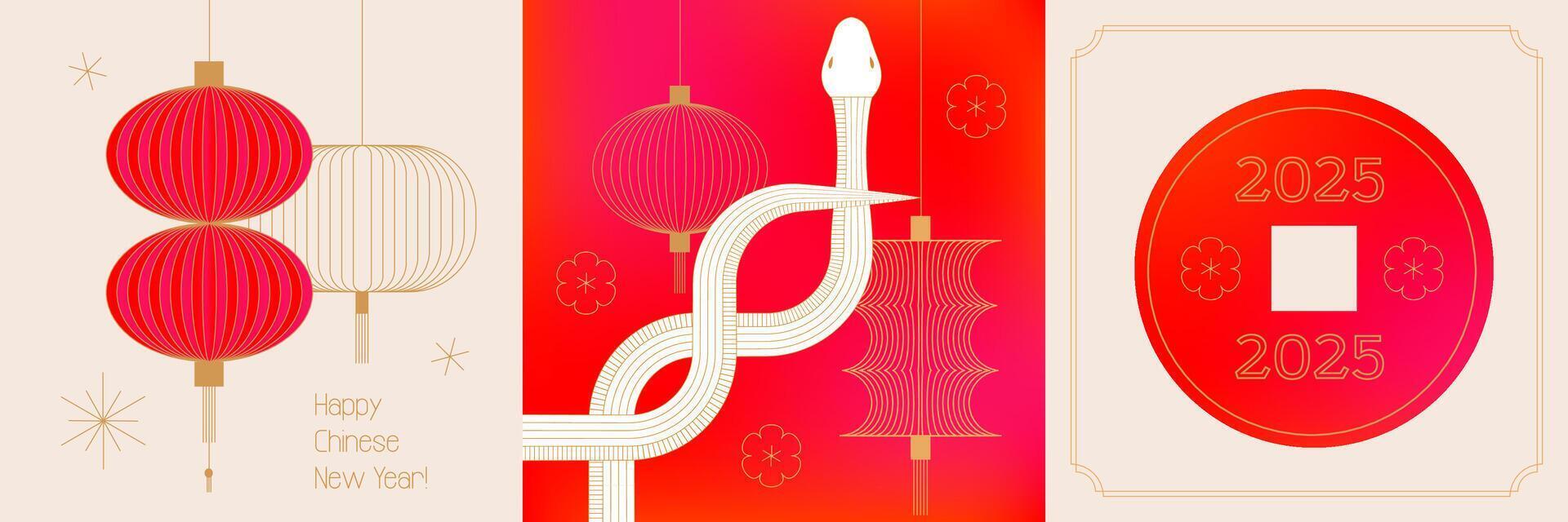 Set of Chinese New Year 2025 modern square covers in red, gold and white colors for cover, card, poster, banner with trendy geometric elements - geometric linear snake and lanterns. vector