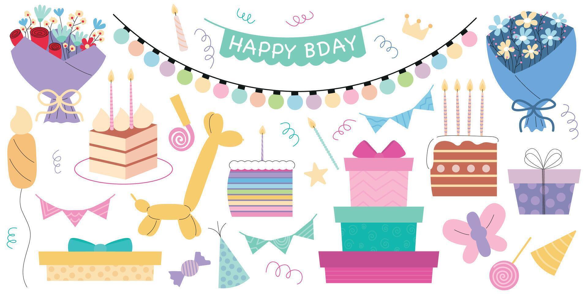 Set of different festive stickers for birthday party. set of birthday elements. Gift box, cake, bouquets of flowers, garlands. vector