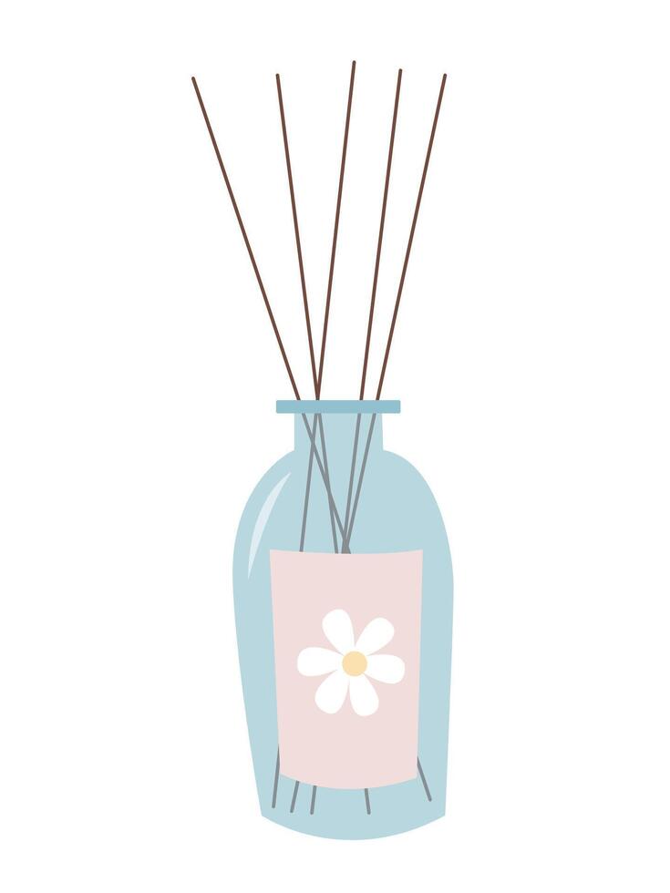 aroma diffuser with bamboo sticks on white background. Aroma sticks in glass bottle flat illustration vector