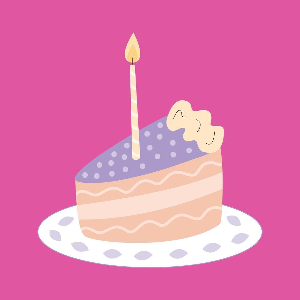 Slice of cake with candle flat illustration vector