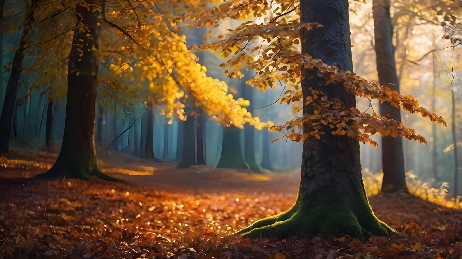 a breath taking realistic photo of forest Autumn Background Artistic Wallpaper Fairytale Dream Tree Beautiful Nature Lands