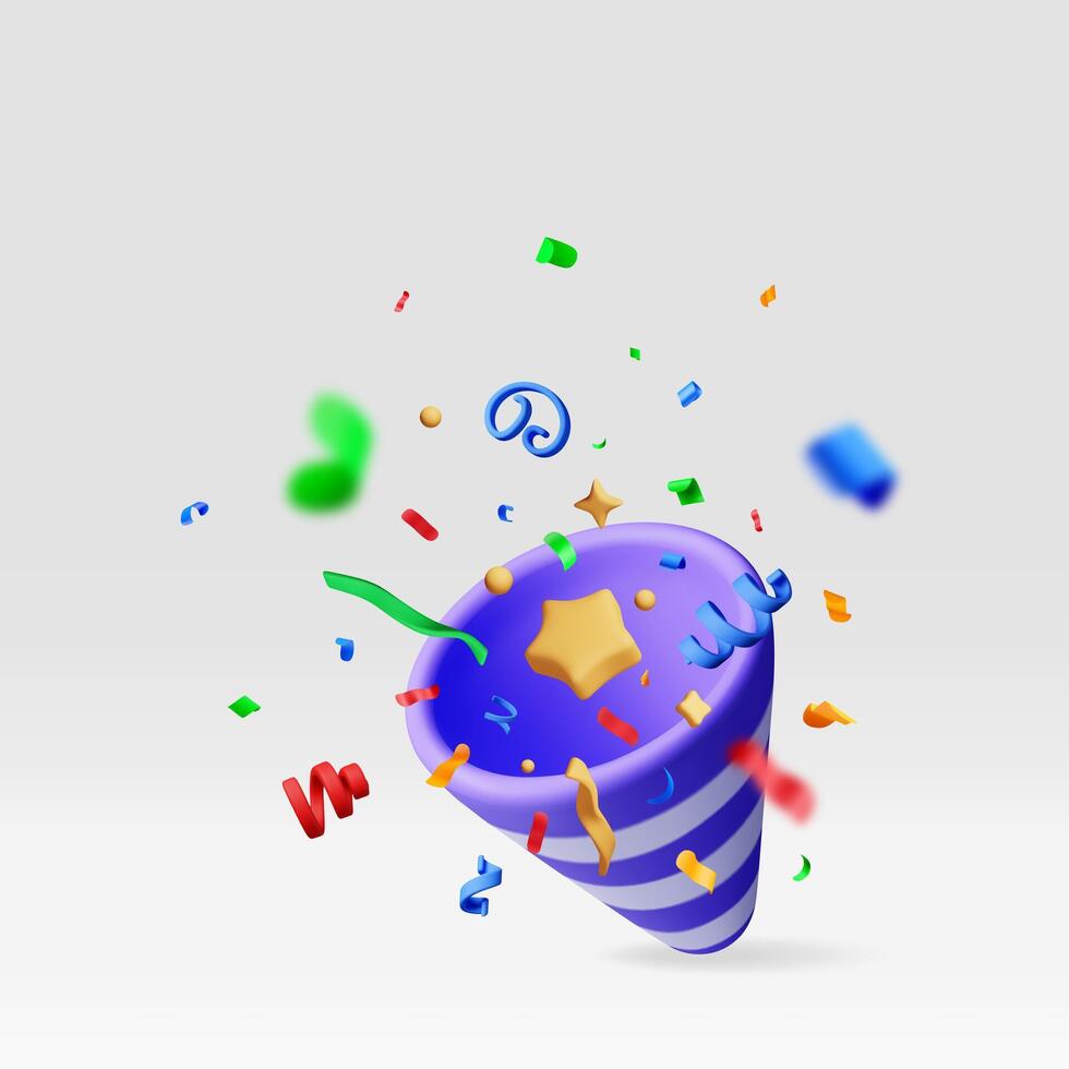 3D party popper with confetti isolated on white. Render paper confetti collection. vector
