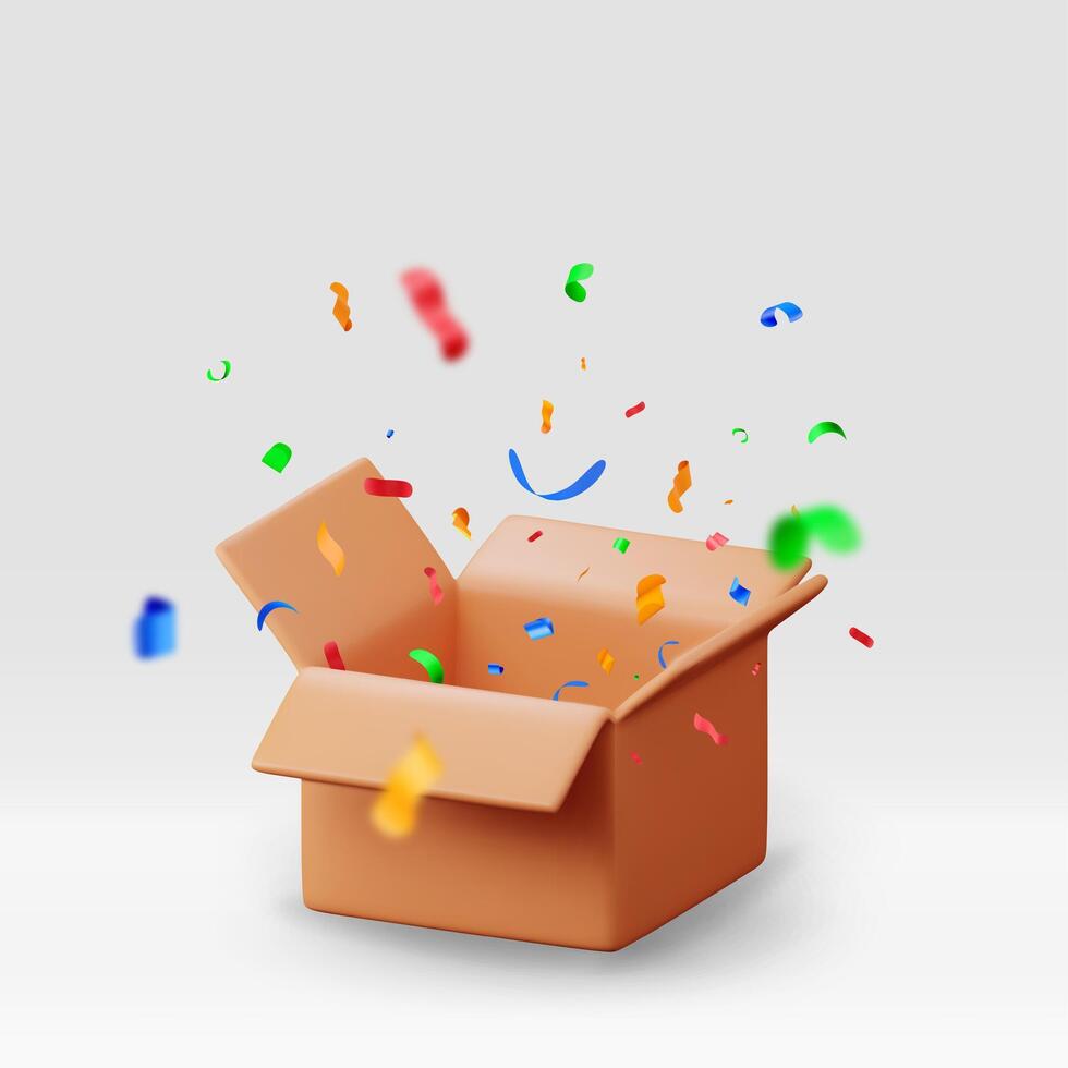 3d opened cardboard box with color confetti isolated vector