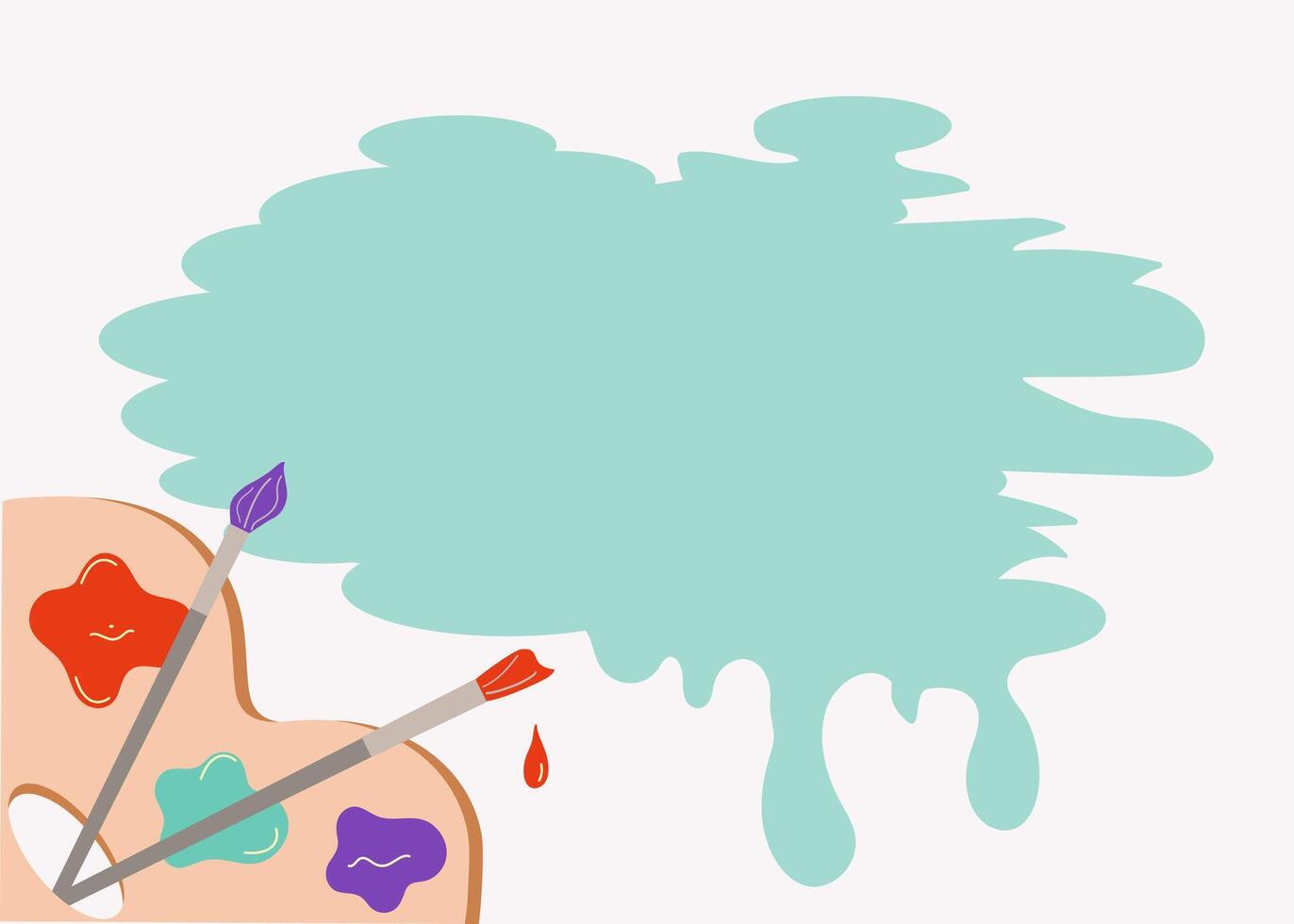 Artist's brush and palette. With paints for creativity, art. Paint drops, blot, colored background for text. Flat cartoon illustration suitable for landing web page, banner, flyer, sticker, postcard. vector
