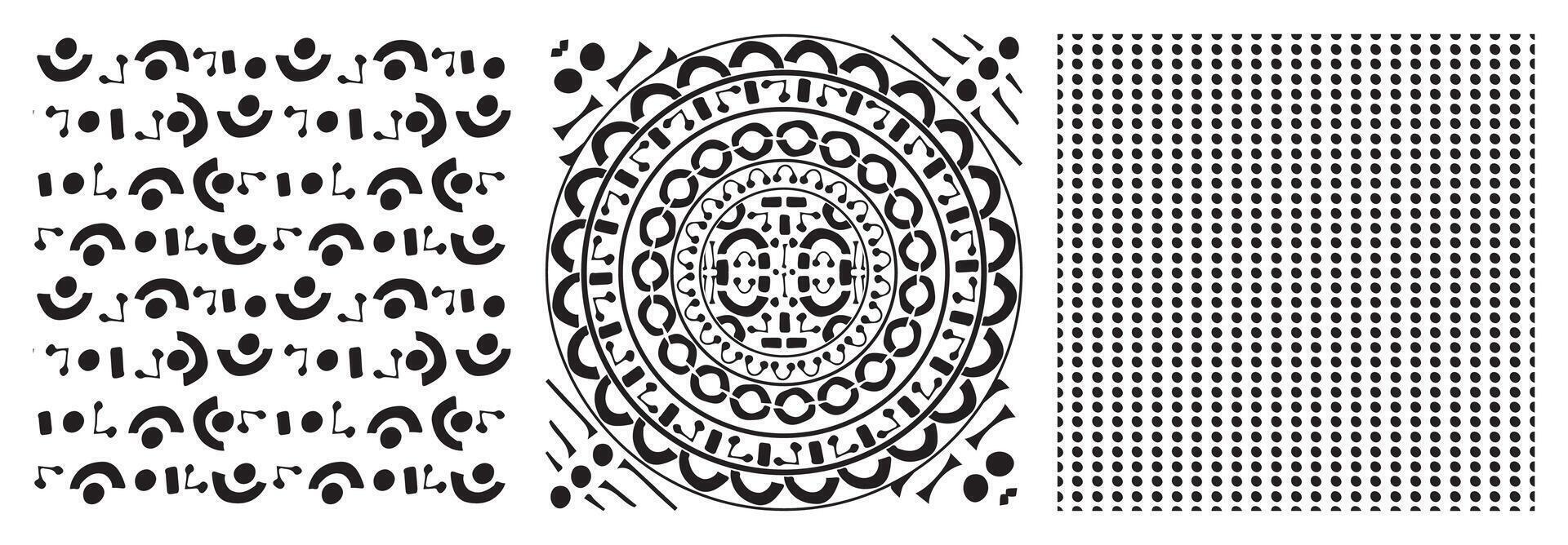 Set of round circle black seamless aztec patterns on white background. dots hand drawn modern fabric prints vector