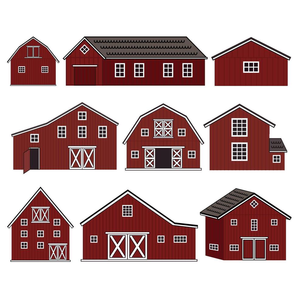 Big set of red wooden barns with windows, doors. Isolated houses icons on the white background vector