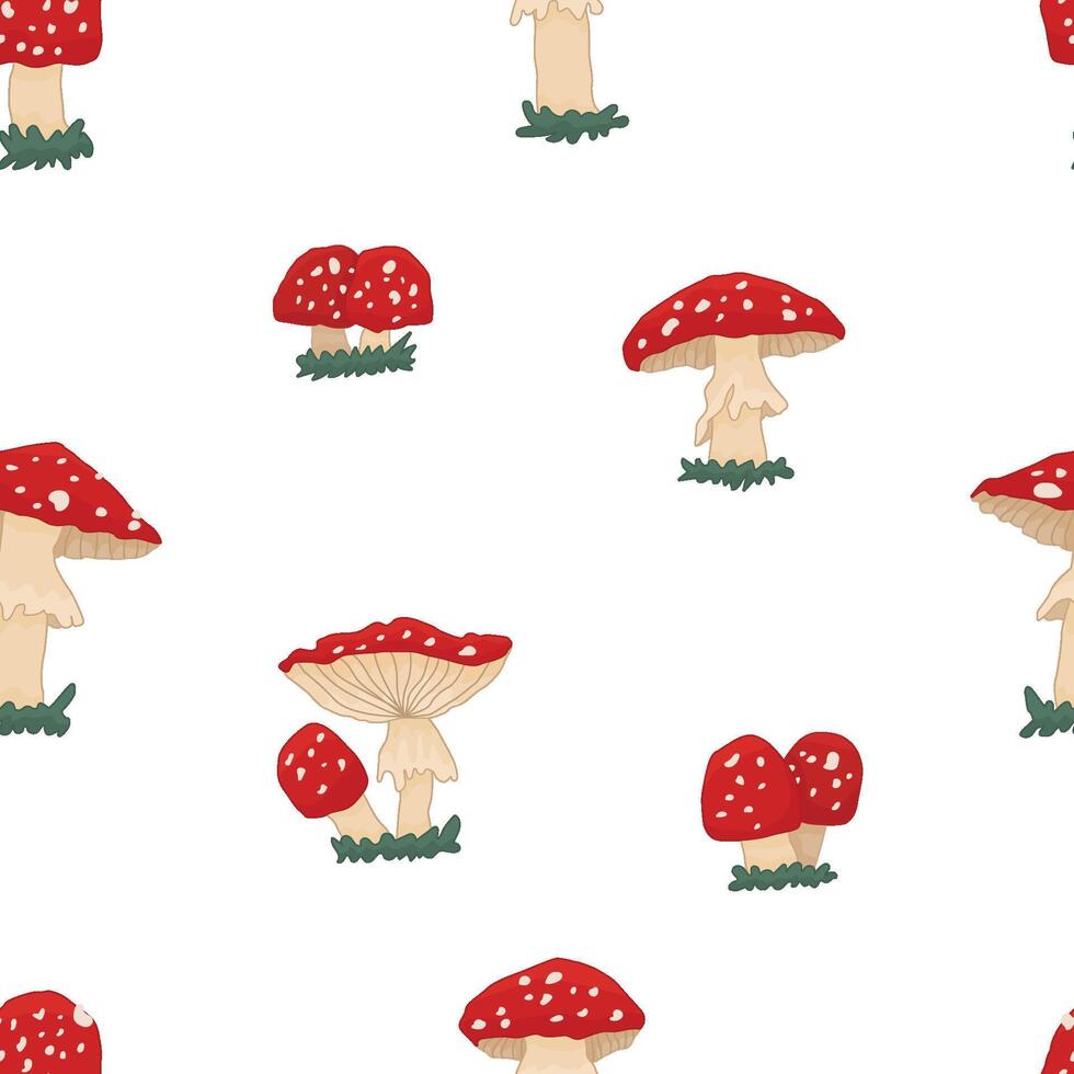 Red amanita mushrooms seamless abstract pattern. Autumn poisonous mushroom collection season background. illustration vector