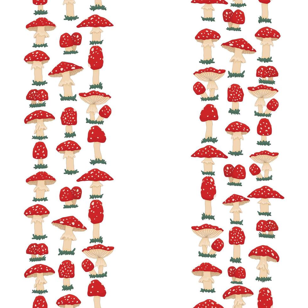 Red mushrooms vertical border. flat seamless border on a white background vector