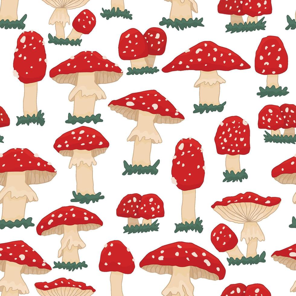 Flat seamless pattern of toxic amanita death cap on white background. cartoon hand drawn endless illustration of childish fungus that can be used for fabric or textile vector