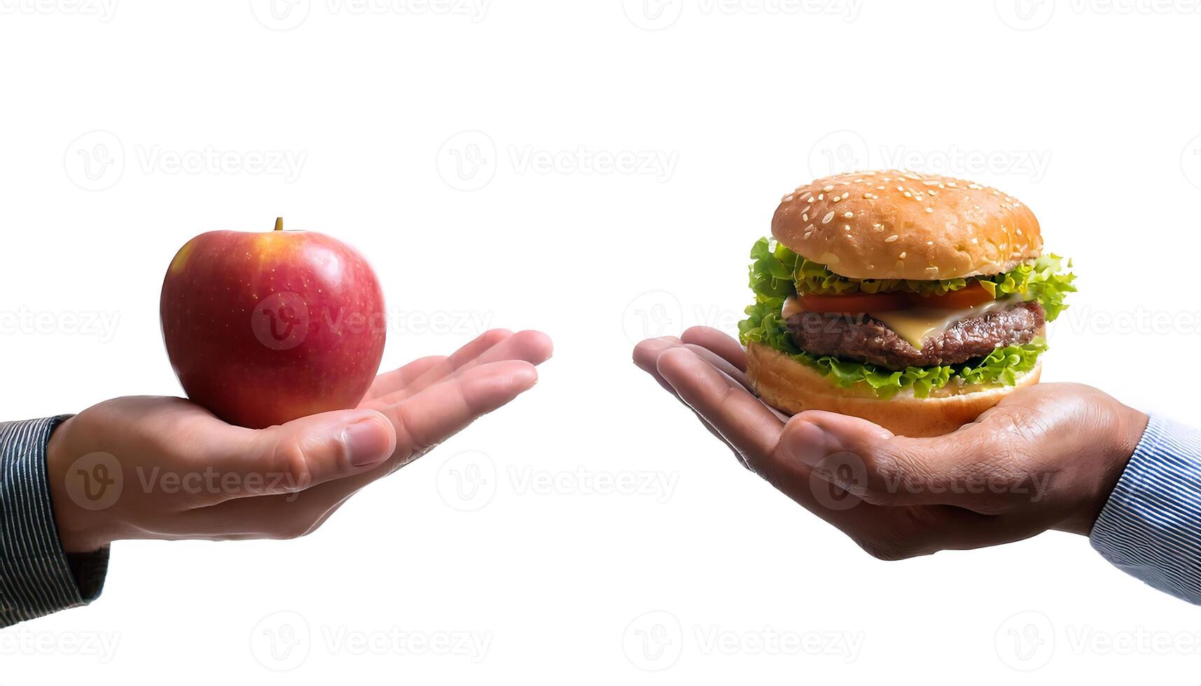 Two hands holding an apple and a hamburger photo