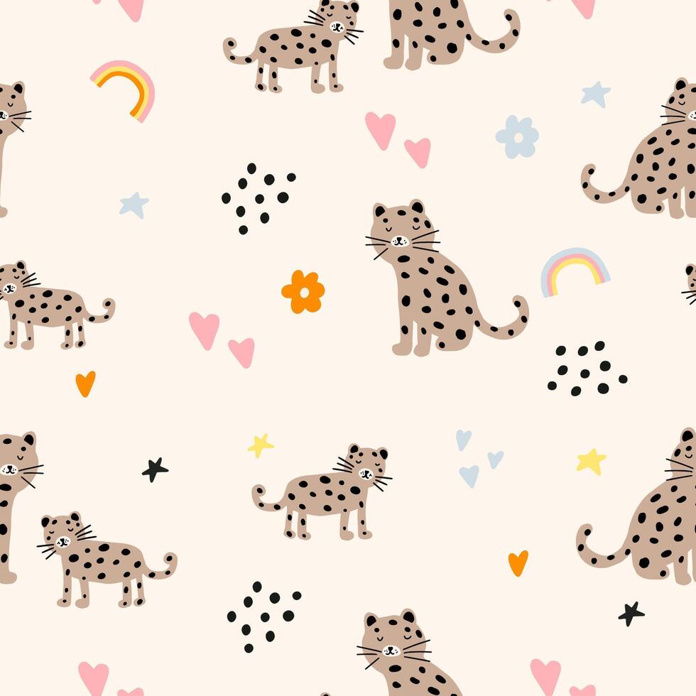 Animals Parent with Baby. Leopard animal. Brightly colored childish print. Cute animals for Mother's Day. Colorful kids seamless pattern vector