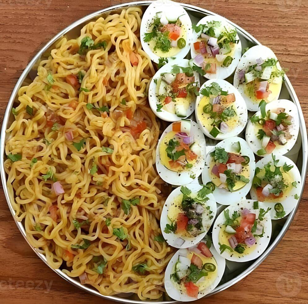 noodles and boiled eggs on a plate photo