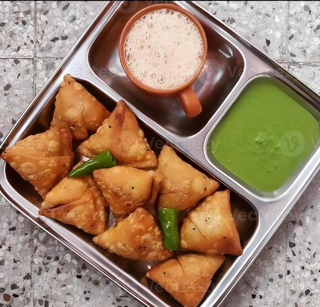 Indian snacks samosa and tea on a plate photo
