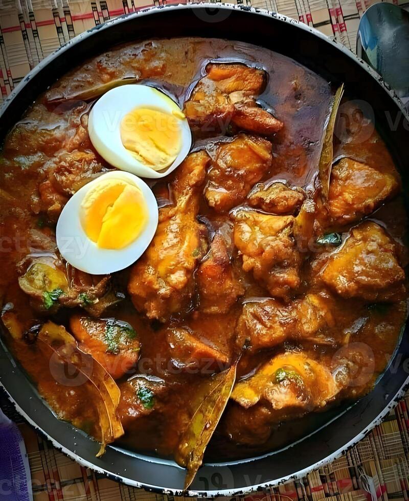 a pan with chicken and boiled eggs in it photo