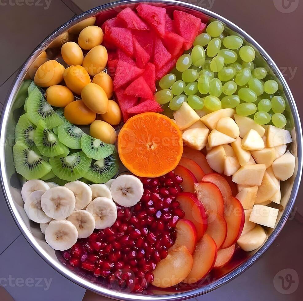 a plate of fruit arranged in a circle photo