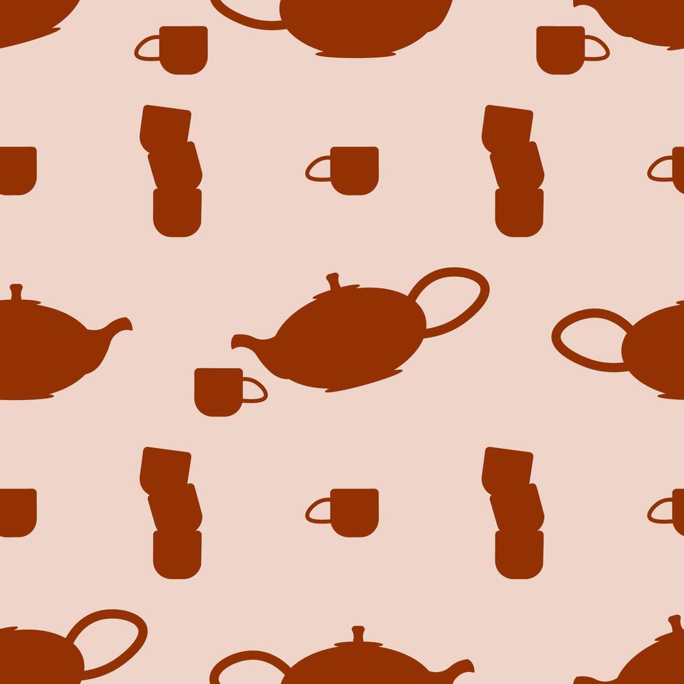Tea ceremony. Teapot and cups or ceramic mugs with tea. Beautiful Japanese ceramic tableware. seamless pattern vector