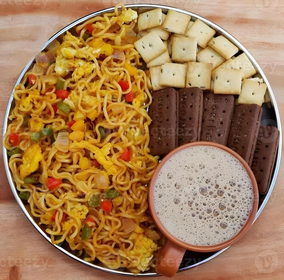 a plate with noodles, crackers and a cup of tea photo