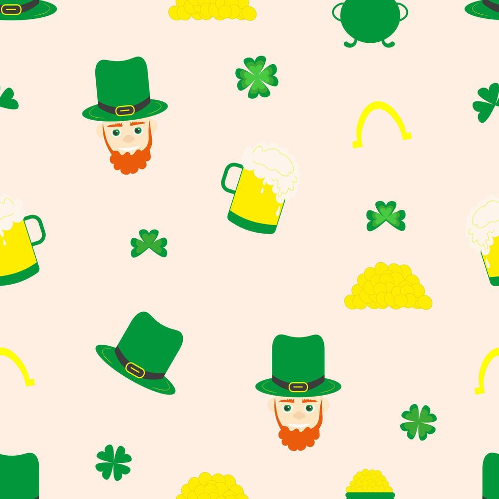 Green shamrock leaves and horseshoes, beer. St. Patricks day seamless background. Funny St. Patrick's leprechaun. Seasonal design for children's textiles, print vector