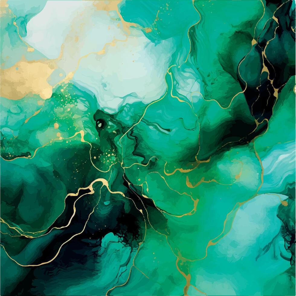 Luxury Alcohol Ink Marble. Light Gold Glitter. Green Emerald Marble Watercolor. Foil Gradient Background vector