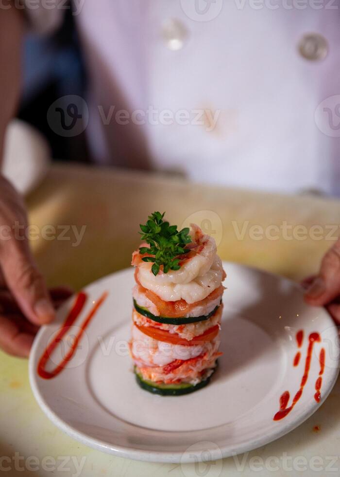 Chef with Shrimp and Crab Tower photo