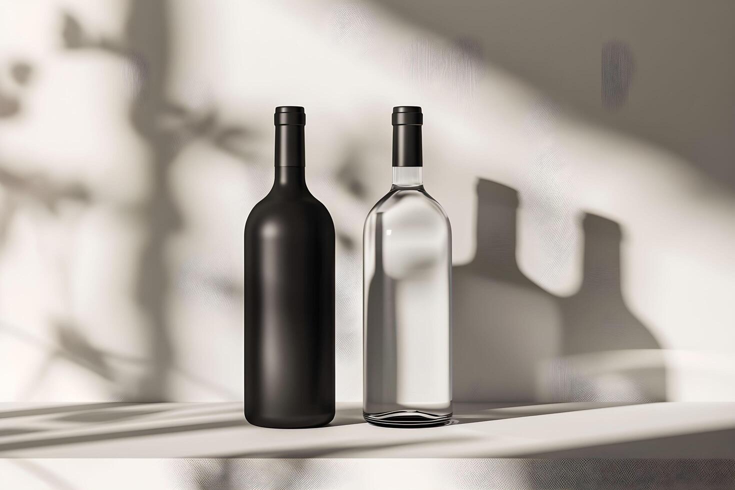Two wine bottles on a table with shadows photo