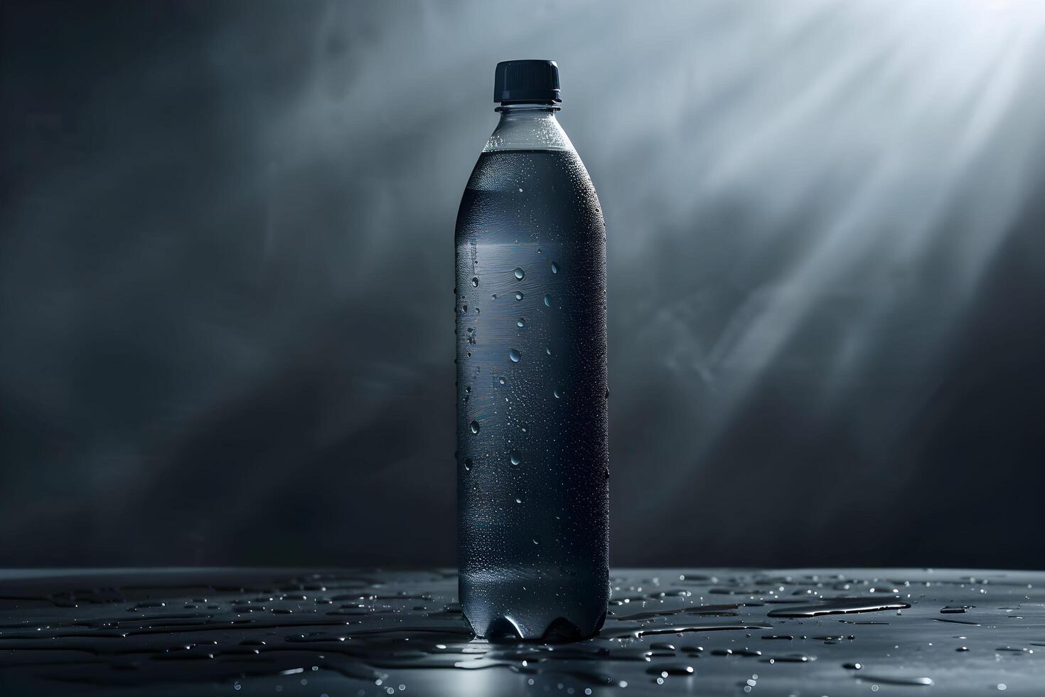 A bottle of water sitting on a table with water droplets photo