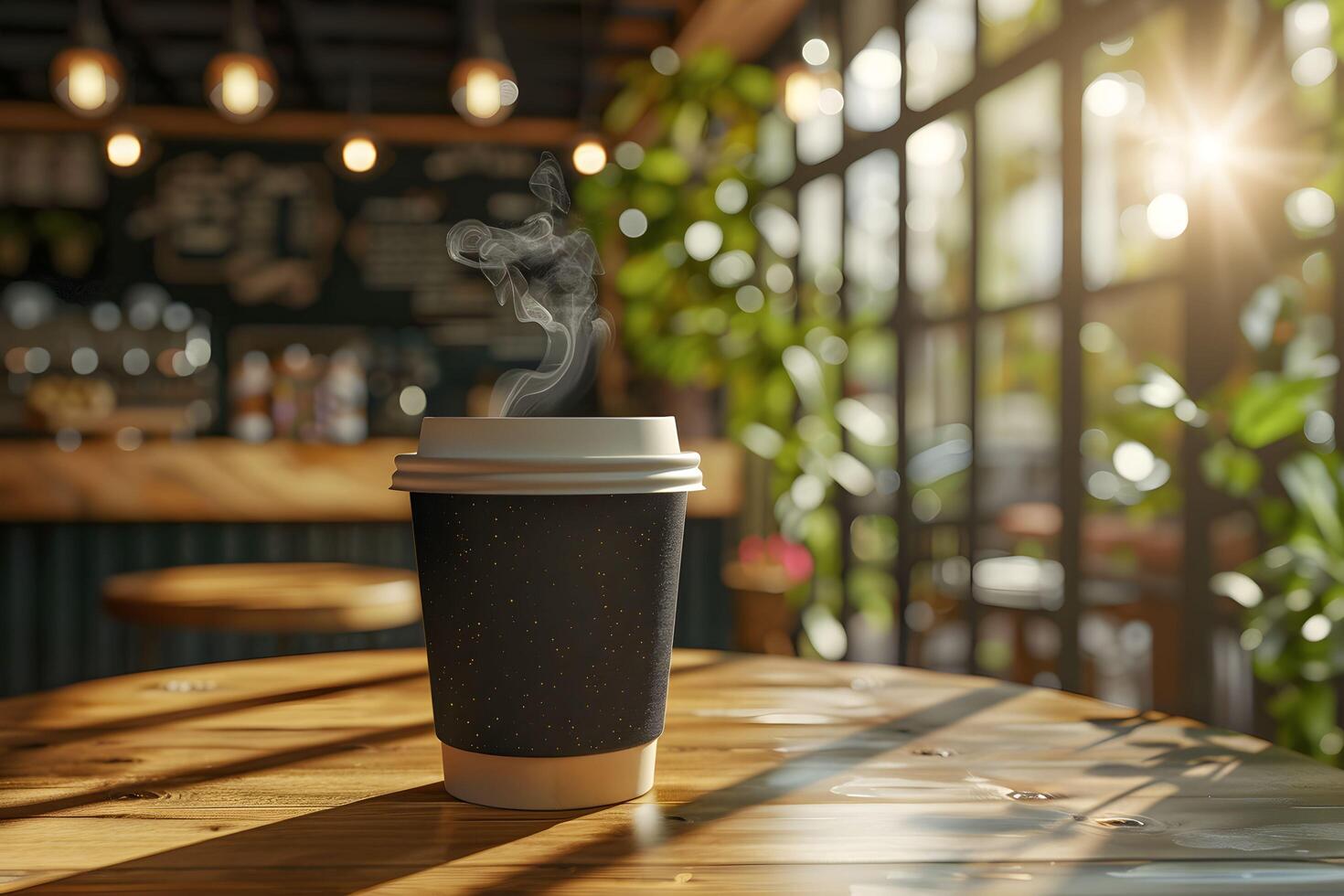 A coffee cup sitting on a wooden table in front of a window photo