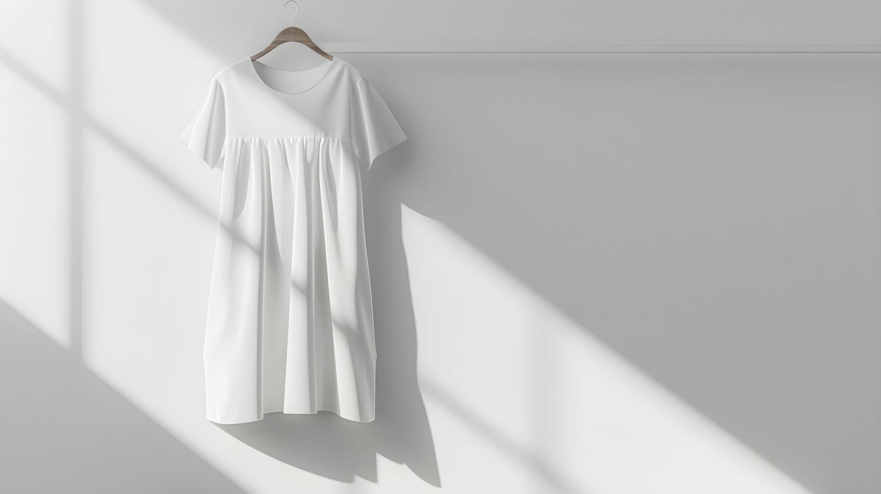 A white dress hangs on a wall in front of a window photo
