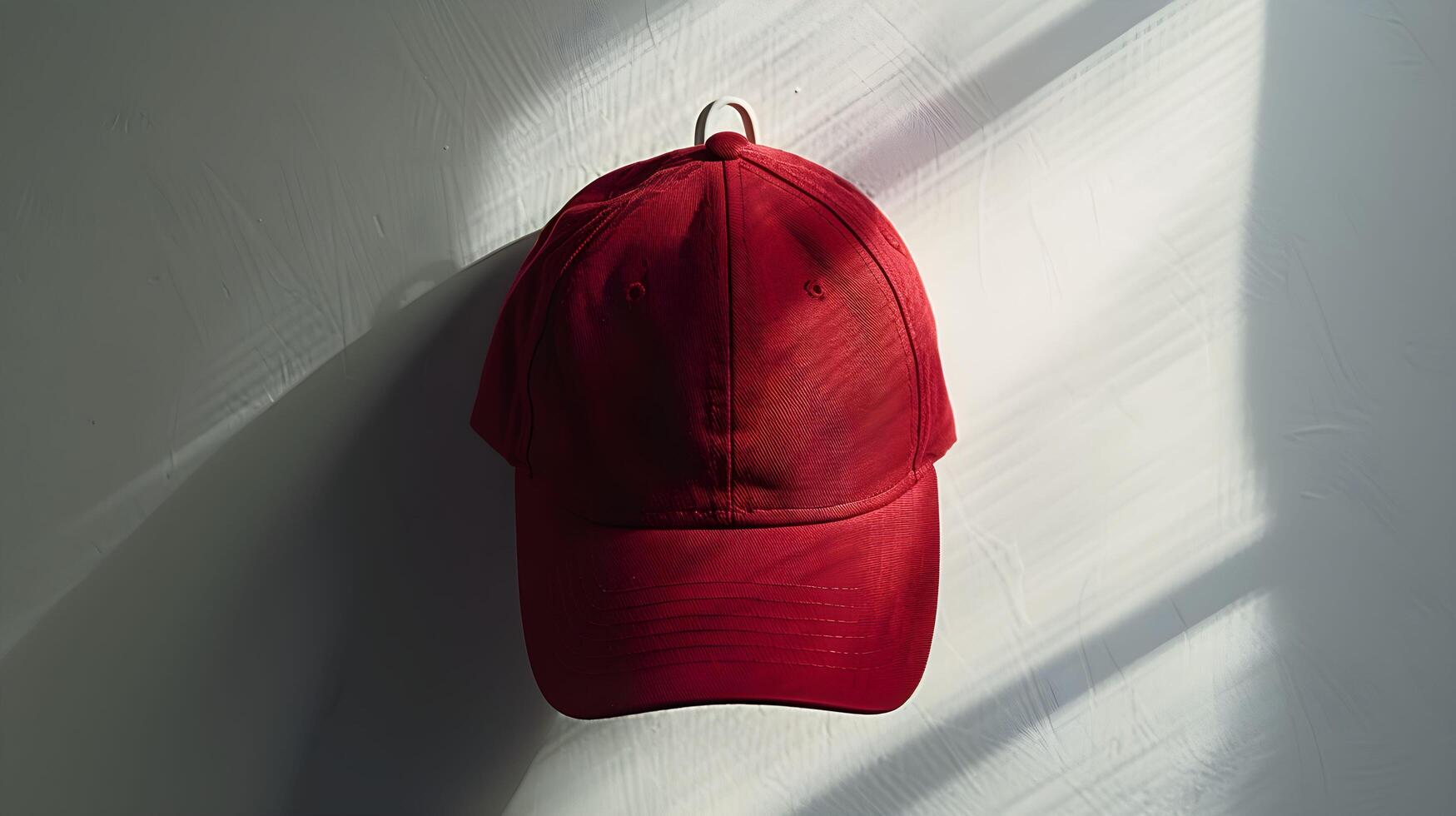 A red baseball cap on a wall photo