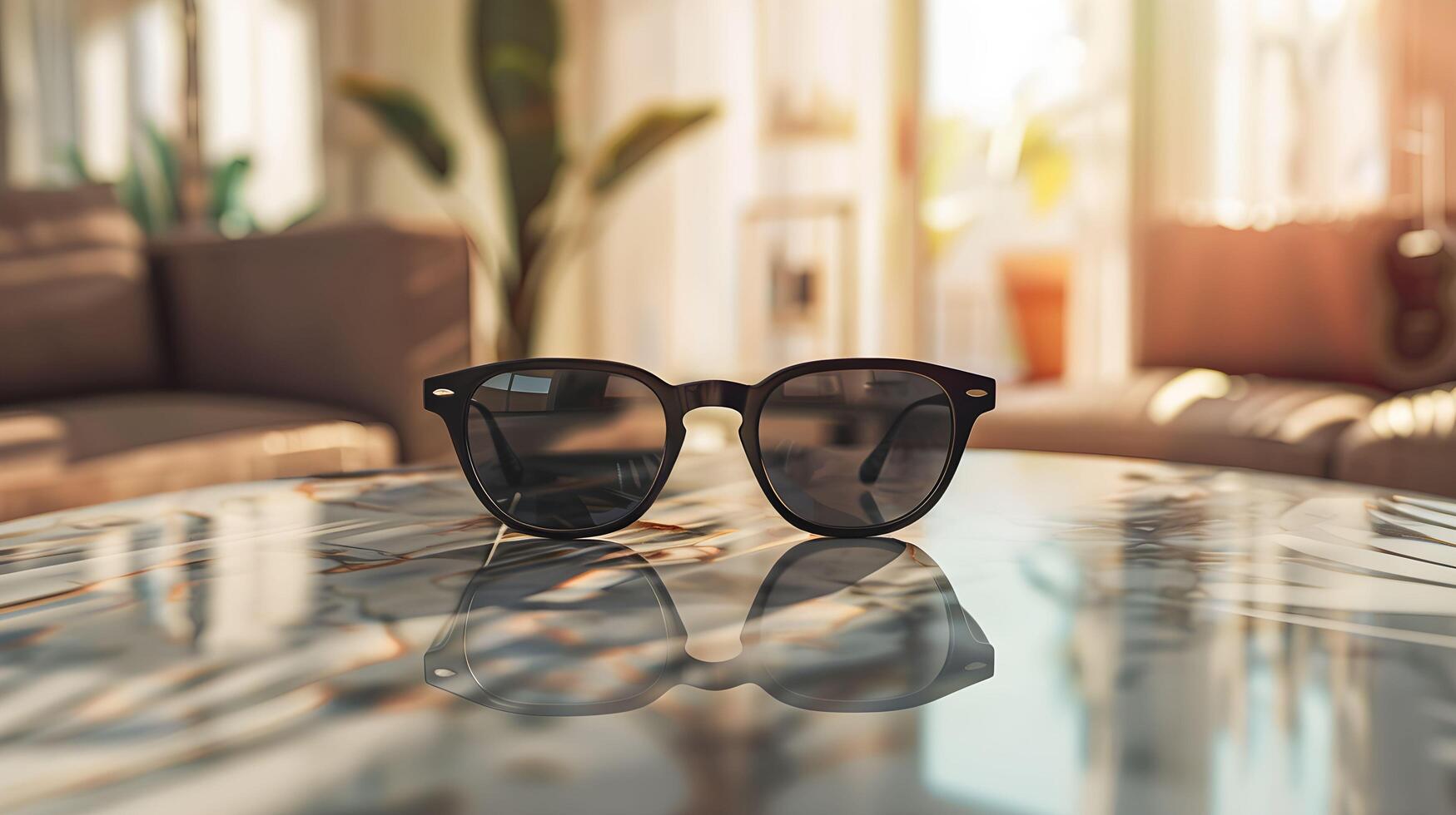A pair of sunglasses on a table in front of a couch photo