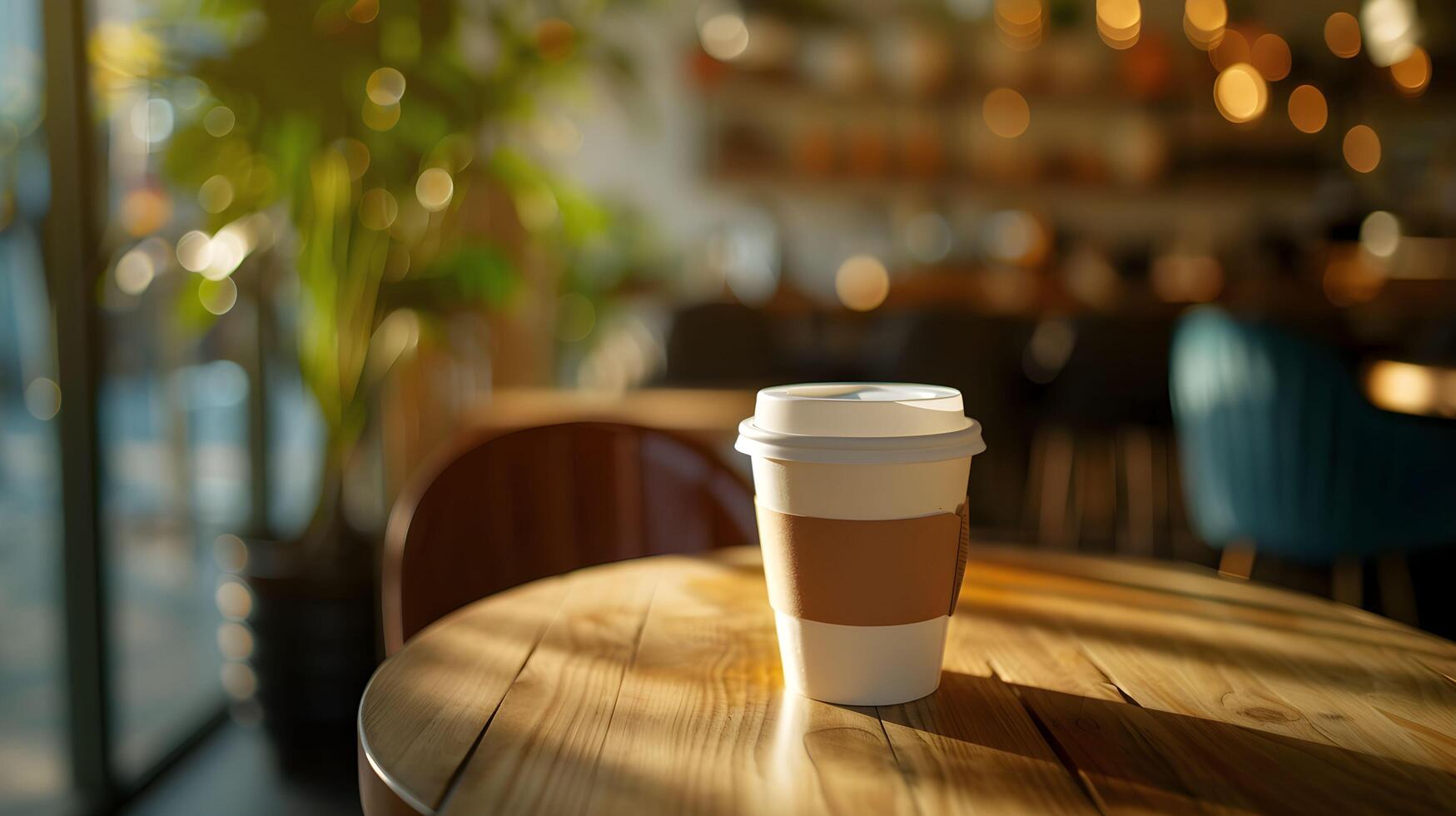 A coffee cup sitting on a wooden table in front of a window photo