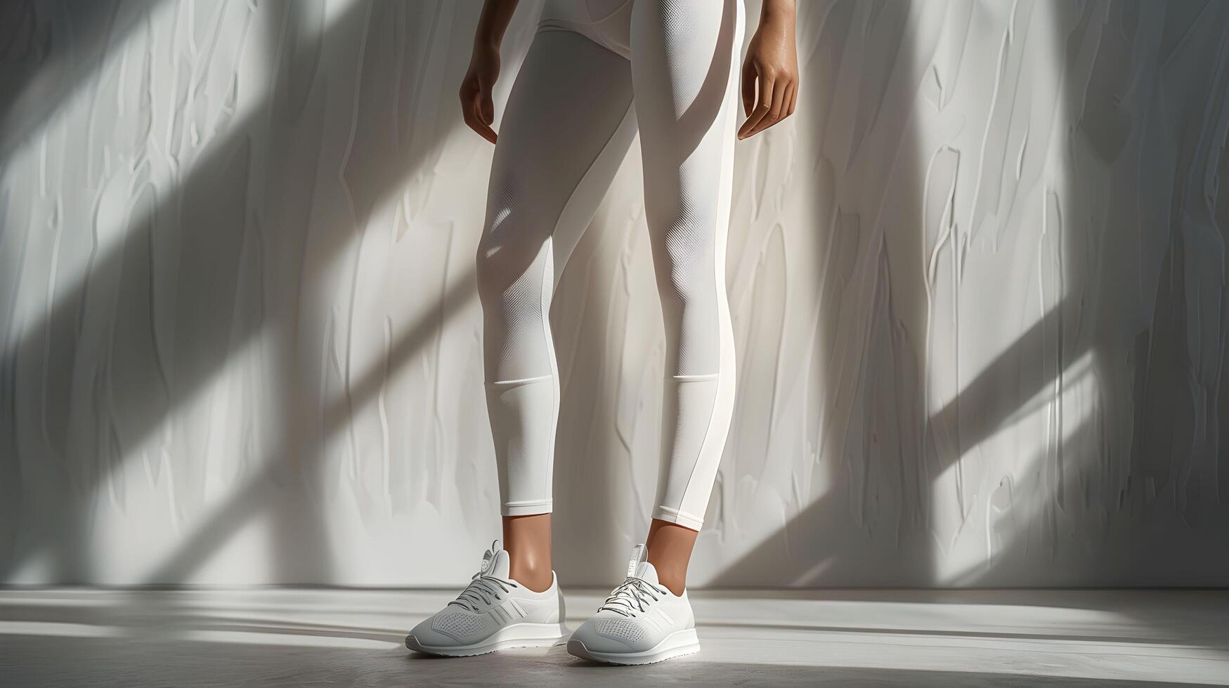 A woman in white leggings and sneakers standing in front of a wall photo