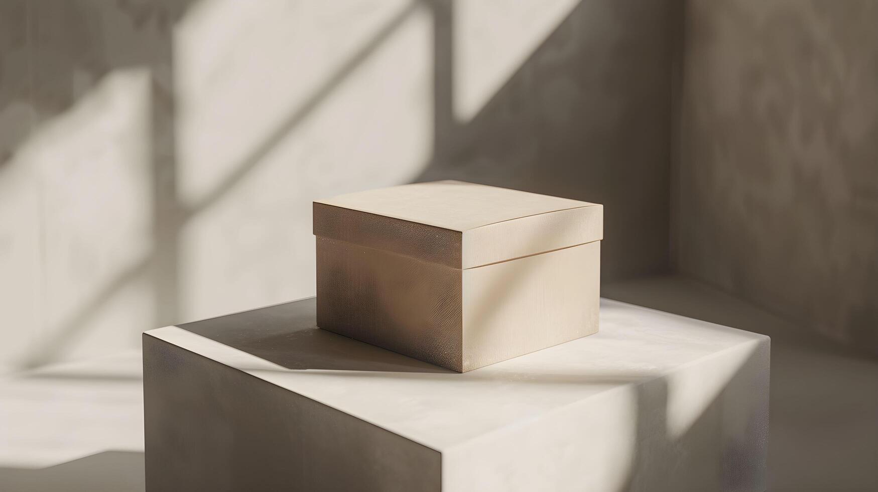 A box sitting on top of a white cube photo