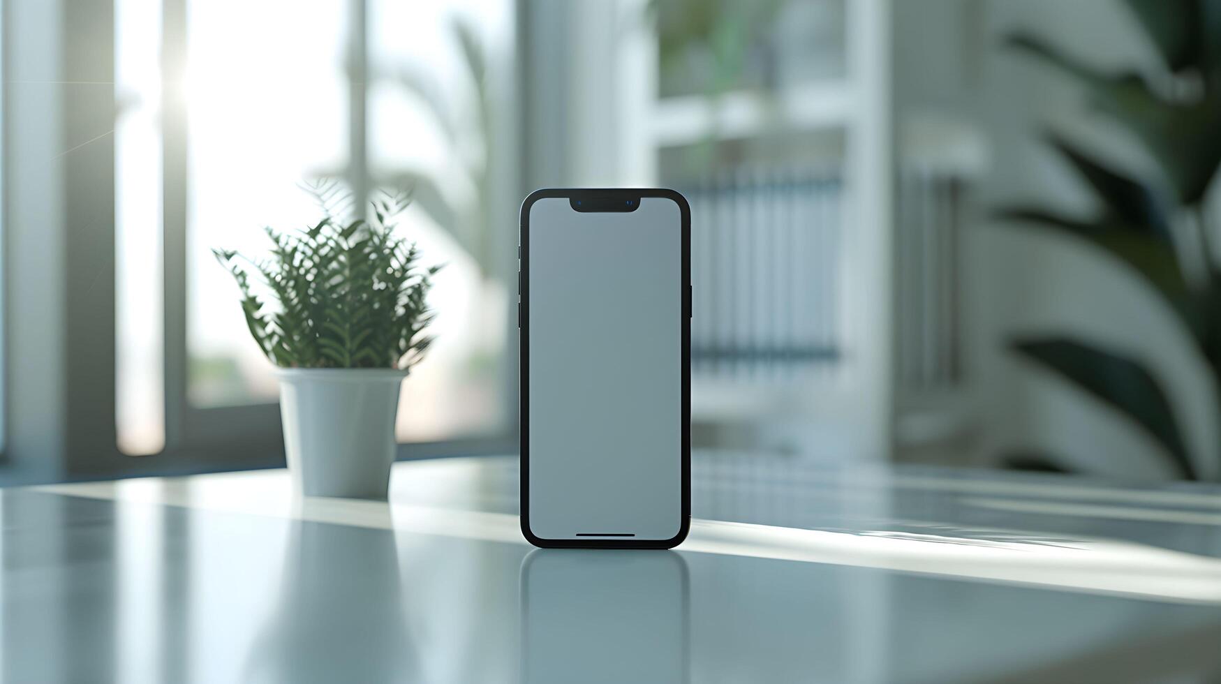 An iphone sitting on a table with a plant in the background photo