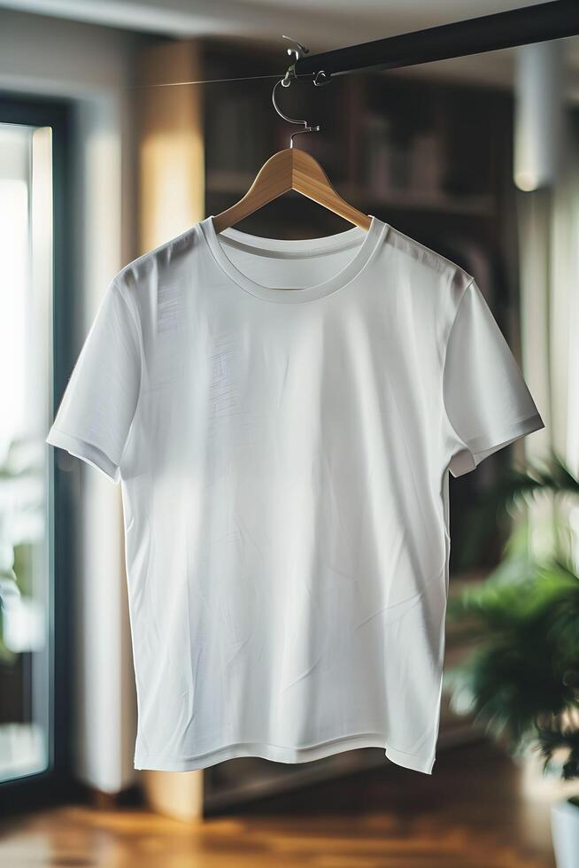 White t - shirt hanging on a hanger in front of a window photo