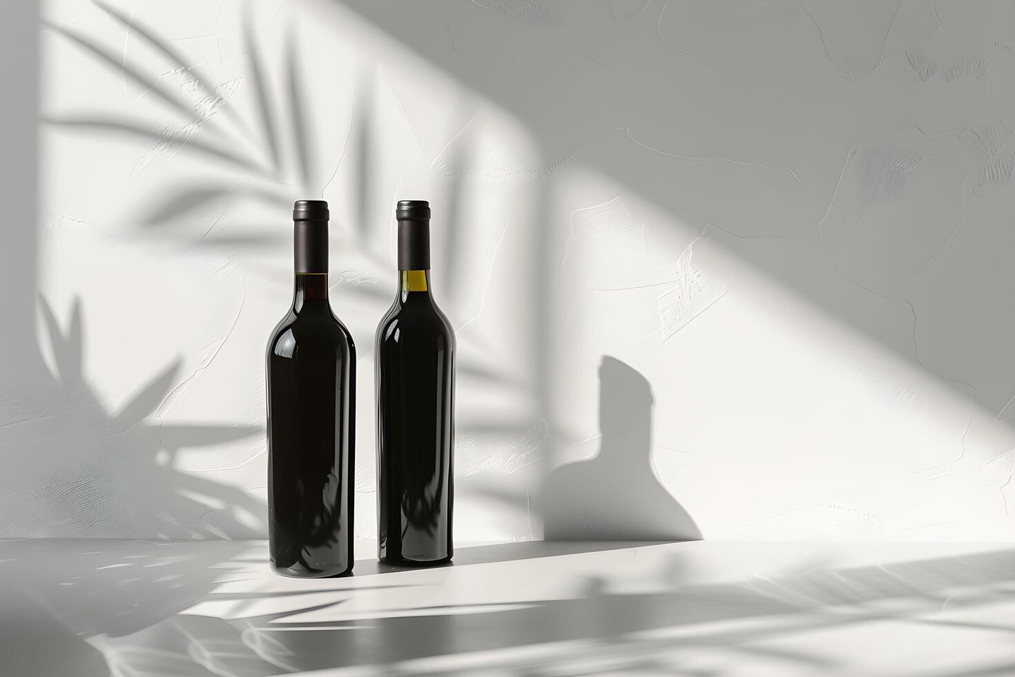 Two wine bottles on a table with shadows photo