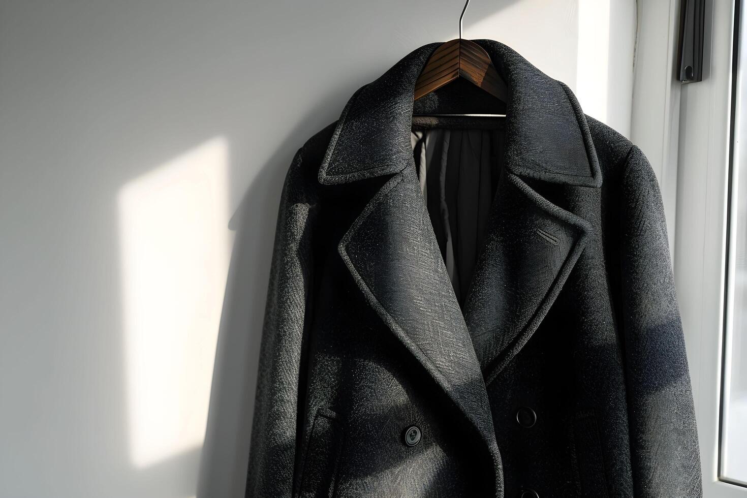 A coat hanging on a wall near a window photo