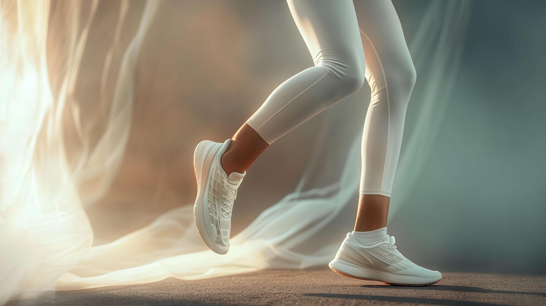 A woman in white leggings and sneakers is running photo