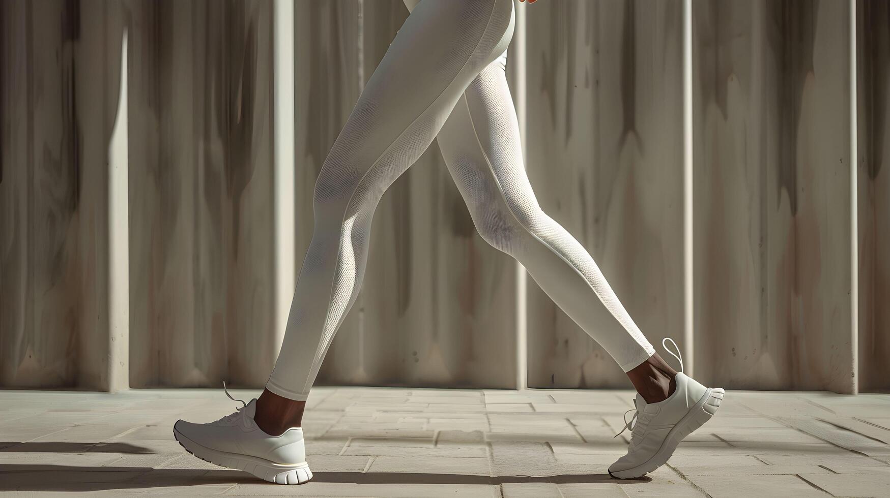 A woman in white leggings and sneakers is walking photo
