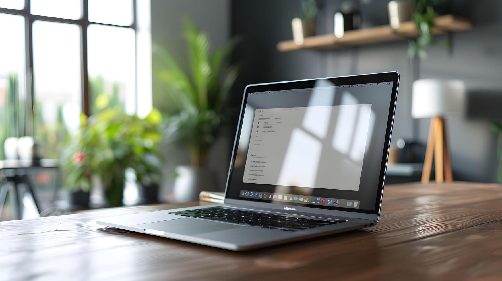 A laptop is sitting on a wooden table in a room with a window photo