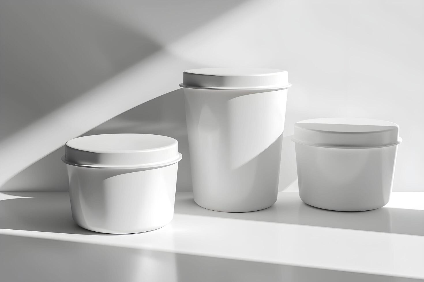 Three white containers with lids sit on a table photo