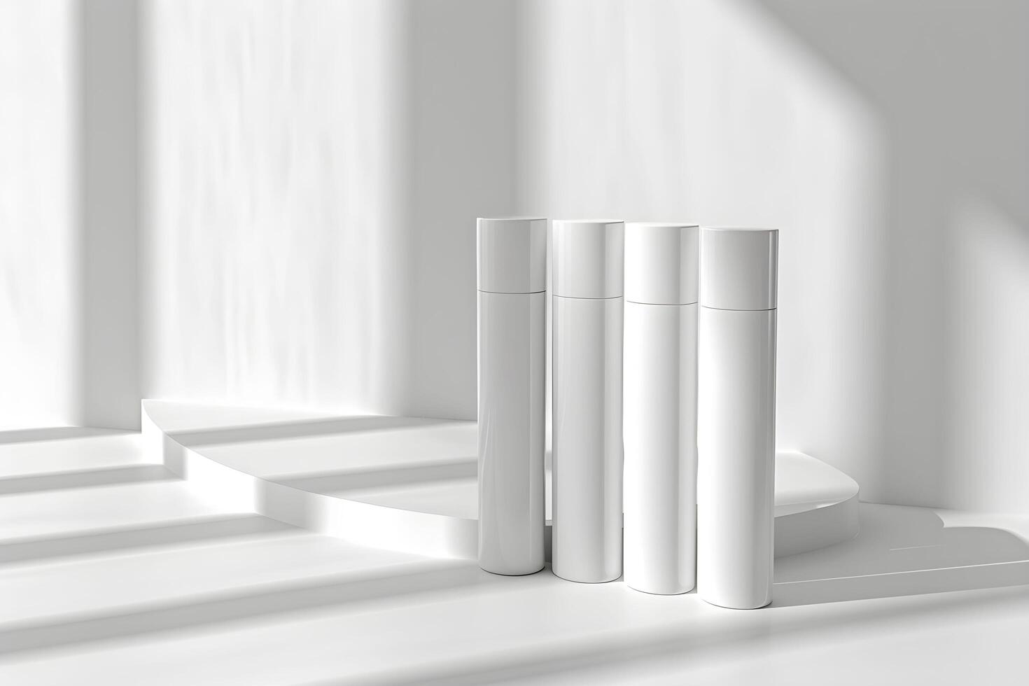 Three white bottles on a white surface photo