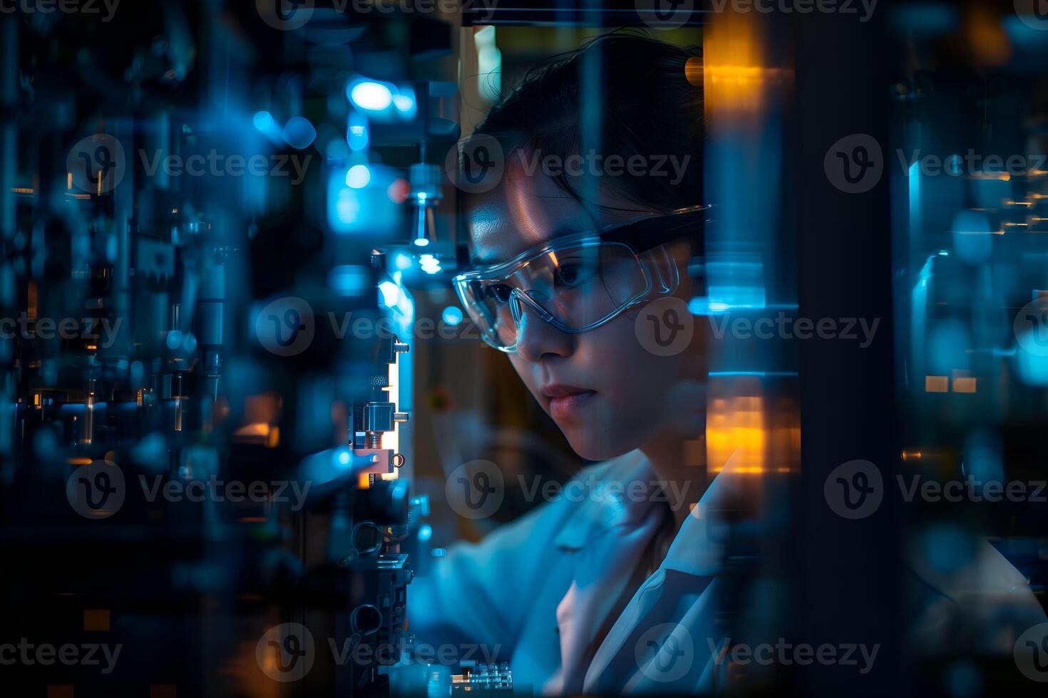 A woman in a lab coat is working on a machine photo