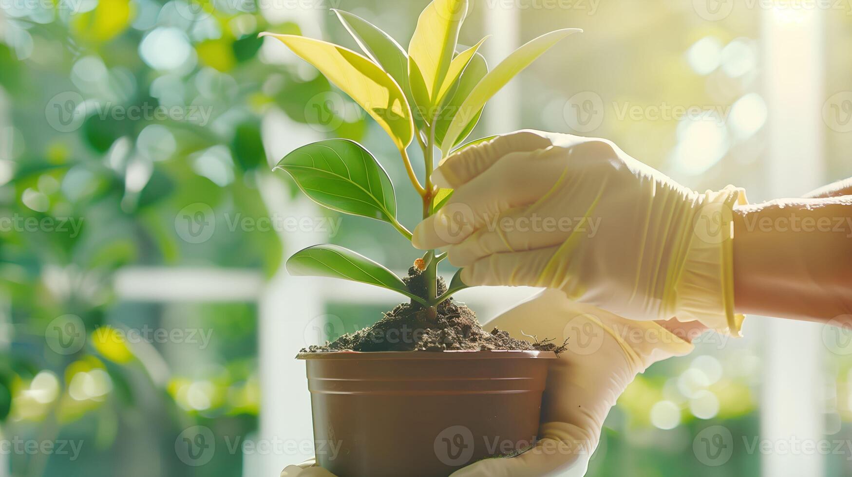 A person in gloves is holding a plant in a pot photo