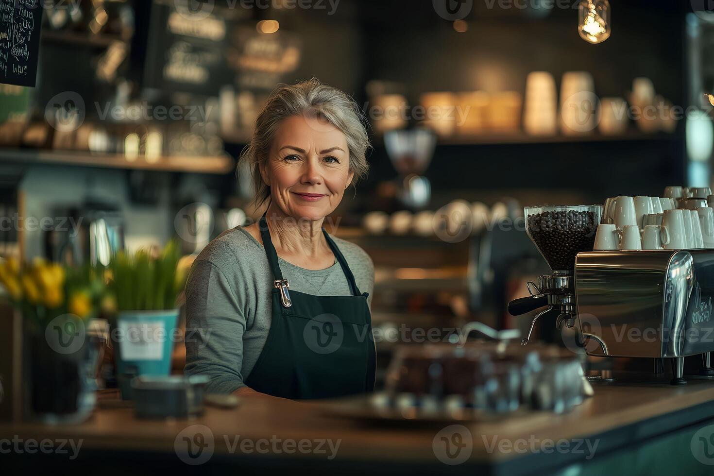 A woman is smiling behind the counter of a coffee shop photo