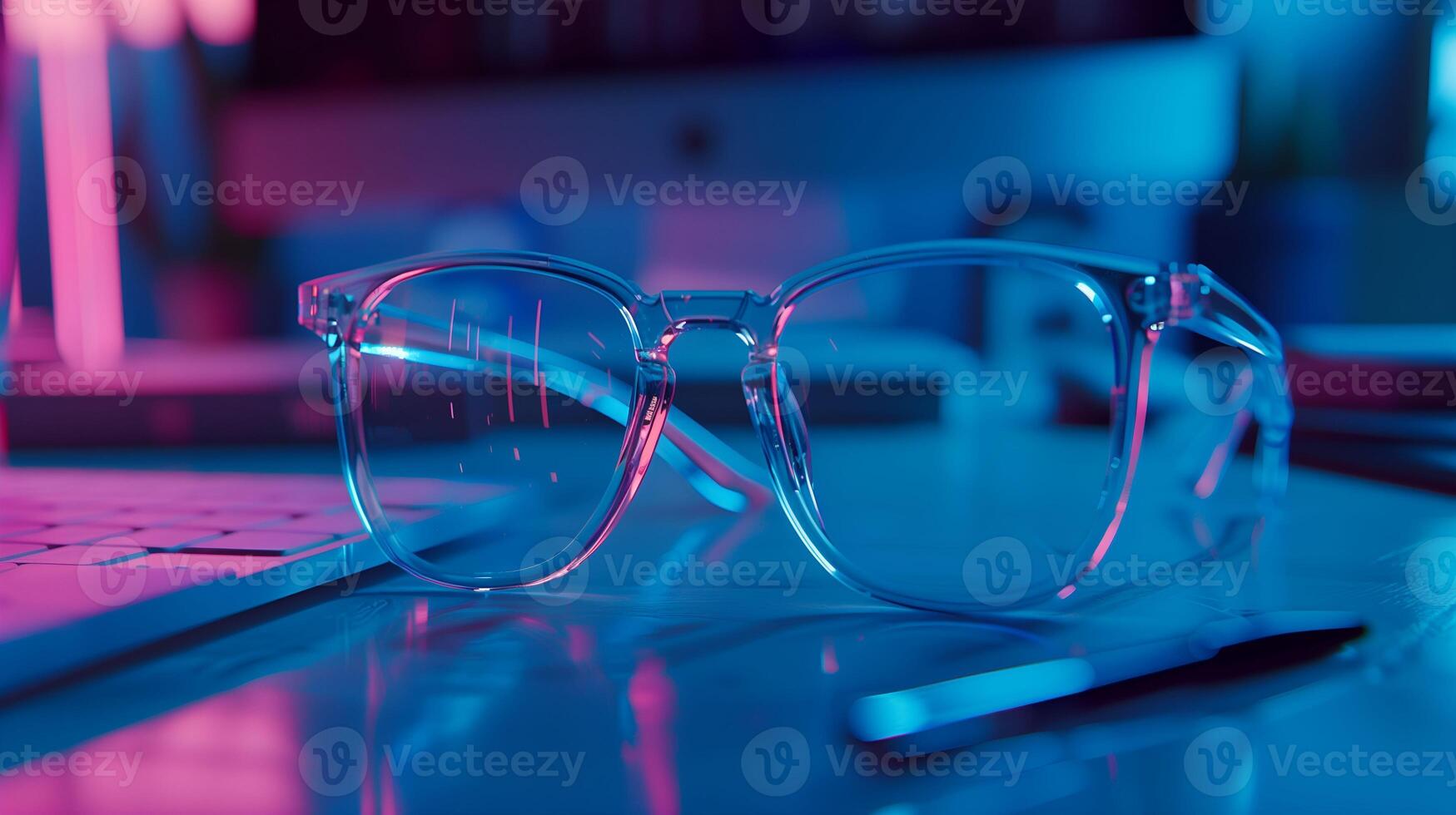 Glasses on a desk with a laptop and keyboard photo