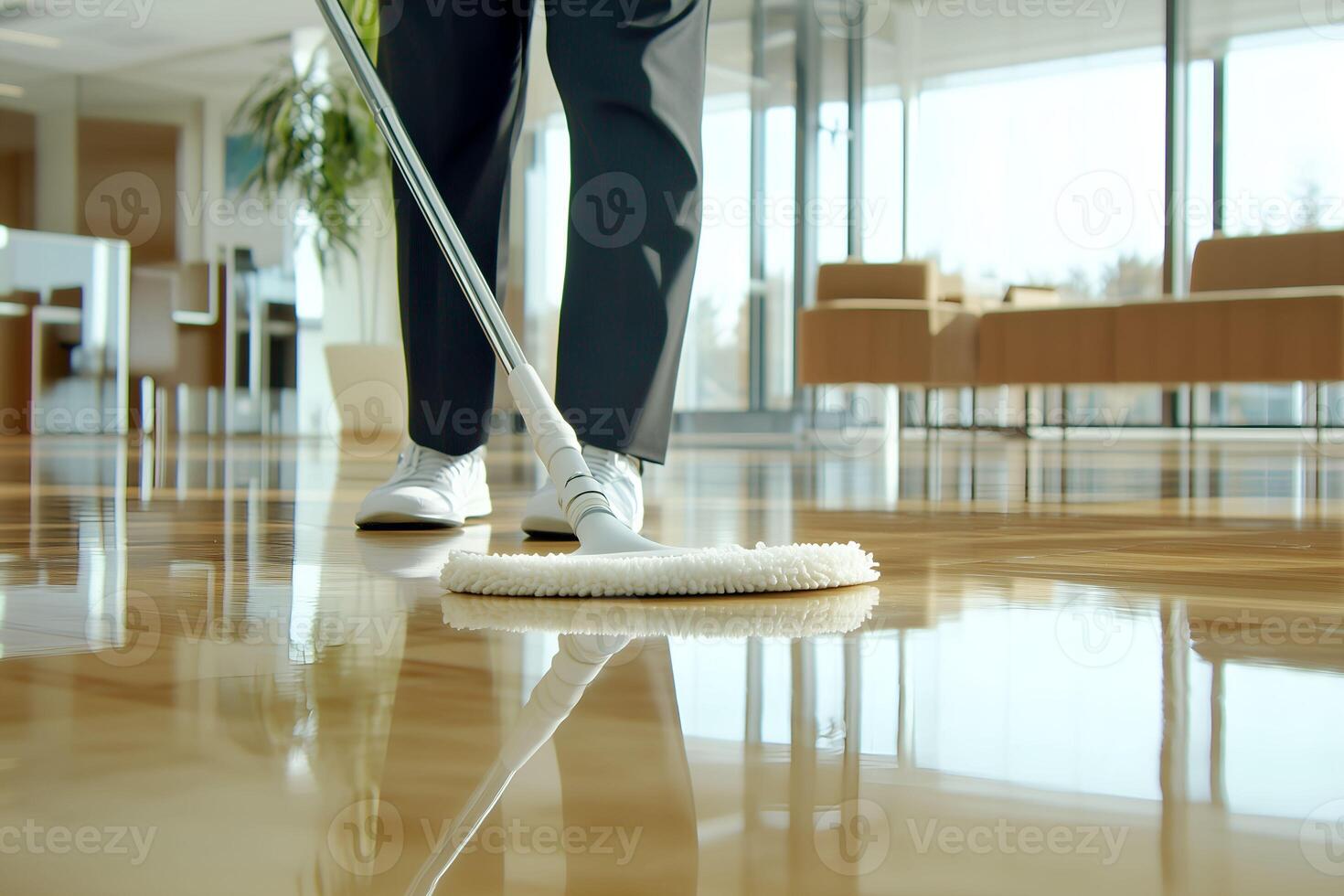 A person cleaning a wooden floor with a mop photo